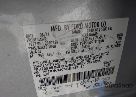 2011 Ford Edge Sel из США, поврежденный, VIN 2FMDK3JC5BBB37955